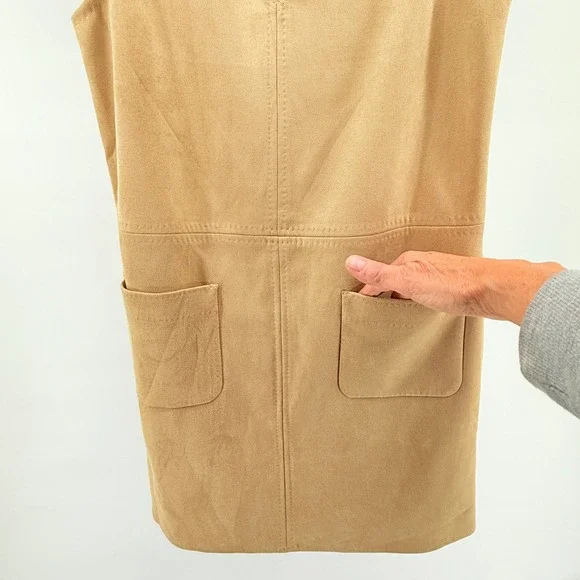 Max Studio London Tan Suede Like Pinafore Dress Size S V Neck Pockets - Picture 6 of 10
